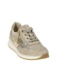 Beige Sneaker mit Wildleder- und metallischen Akzenten, strukturiertem Obermaterial, Schnürverschluss und Reißverschluss, gepolsterter weißer Zwischensohle und Gummilaufsohle.