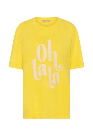 Bright yellow short-sleeve t-shirt with pink "oh la la" text in stylized font centered on front.