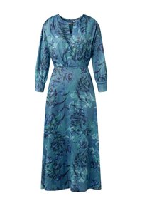 Blomsterwrapkjole i nuancer af blå og grøn, med lange ærmer, V-udskæring og en flydende silhuet i et tekstureret stof.