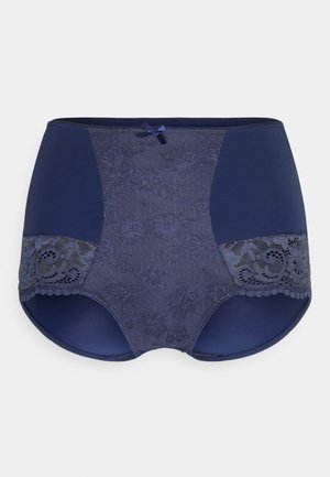 Culotte taille haute bleu marine avec des accents en dentelle, présentant une finition lisse, un motif floral en dentelle sur le devant et un petit nœud décoratif sur la ceinture.