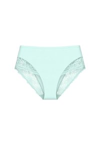 Licht mintgroene slipjes met bloemenkantaccenten aan de zijkanten. Soepele stof en een klassiek briefontwerp met een comfortabele tailleband.