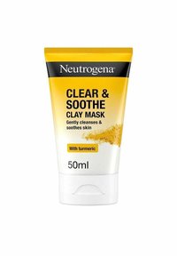 Neutrogena Clear & Soothe lermask i en vit 50 ml tub med ett gult lock, med text som lyfter fram fördelarna med gurkmeja och rengöring.