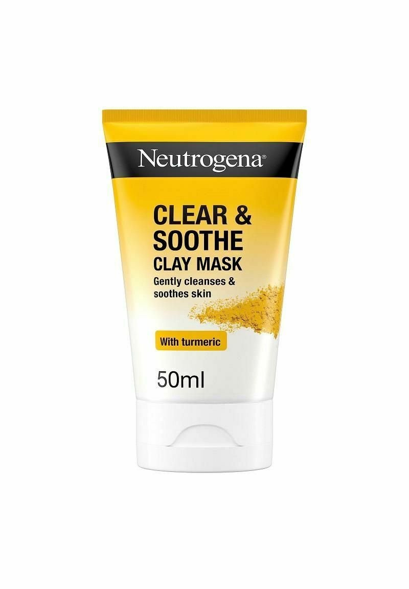 Neutrogena Clear & Soothe lermask i en vit 50 ml tub med ett gult lock, med text som lyfter fram fördelarna med gurkmeja och rengöring.