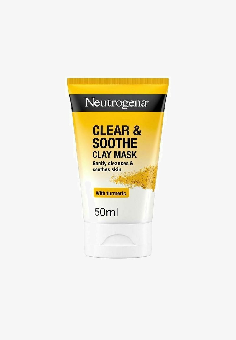 Neutrogena Clear & Soothe lermask i en vit 50 ml tub med ett gult lock, med text som lyfter fram fördelarna med gurkmeja och rengöring.