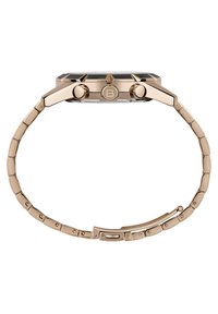 Roséguldbelagt metalur med en rektangulær sort urskive. Har to runde knapper og et kædedesignarmbånd, der viser en poleret finish.