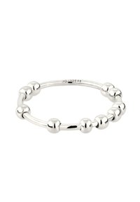 Sterlingsølv ring med en glat bånd med skiftevis sfæriske og aflange perleformede sektioner, poleret finish og subtil glans.