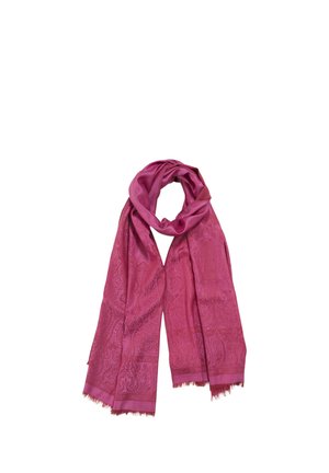 Longue écharpe rose avec un motif paisley subtil et des extrémités à franges, bouclée lâchement au centre sur fond blanc.