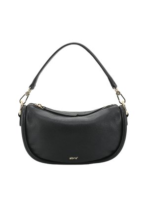 Black leather shoulder bag with a curved shape, zipper closure, and a short handle. Features gold-tone hardware and embossed logo detail.