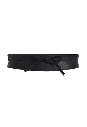 Black wide leather belt with thin wrap-around strap tied in a bow at the front, isolated on white background.