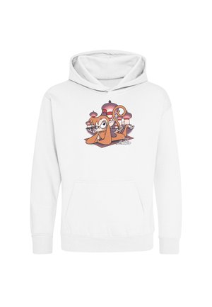 Hvid hættetrøje med en tegneserieabe, der ligger på et flyvende tæppe foran lilla kuppelformede paladstårne, inspireret af Aladdin.