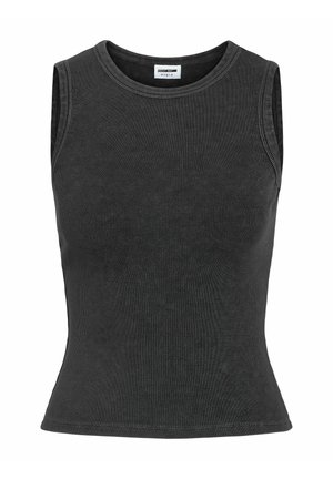 Varrukateta, keha järgnev t-särk tumehallis soonikulis kangas. Omab ümarat kaelust ja ühtlast, sileda tekstuuriga pinda kogu ulatuses.