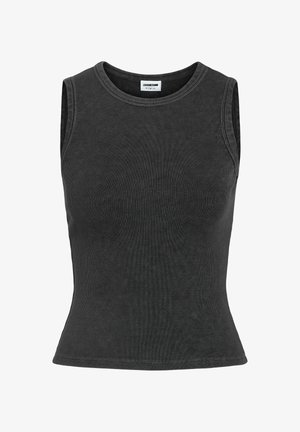 Hihaton, vartalonmyötäinen toppi tummanharmaasta resorikankaasta. Siinä on pyöreä pääntie ja yhtenäinen, sileä pinta koko vaatteen alueella.