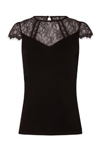 Top negro sin mangas con un encaje en los hombros, que presenta un escote en V y un cierre en forma de ojal en la parte posterior. Textura de tela suave.