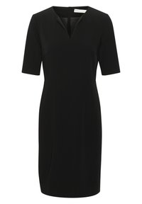 Svart kortärmad klänning med V-ringning och dragkedja i ryggen. Tillverkad av slät tyg, åtsittande vid midjan och knälång.