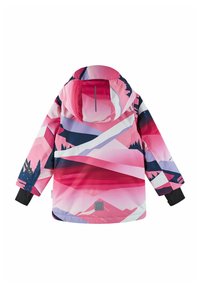 Farverig vandtæt jakke med et geometrisk mønster i pink, hvid og marineblå, forsynet med hætte og elastiske manchetter for varme og komfort.