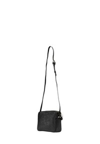 Borsa a tracolla nera in ecopelle con forma rettangolare, chiusura con cerniera, tracolla regolabile e superficie testurizzata. Presenta hardware dorato minimale.