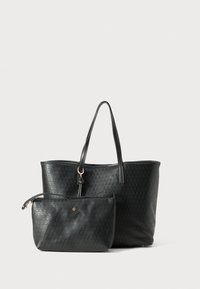 Black textured tote bag with two shoulder straps and matching zippered pouch with gold-tone logo and zipper pull.