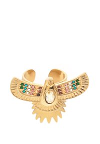 Gold-toned ring shaped like a bird with a detailed wing design. Features colorful gemstones and a central clear stone. Textured finish.