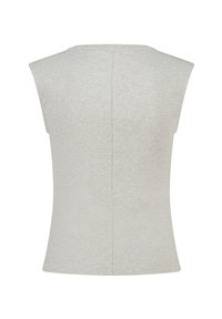 Sleeveless grey ribbed top with a crew neckline. Features a slim fit and a vertical seam running down the back, smooth texture.