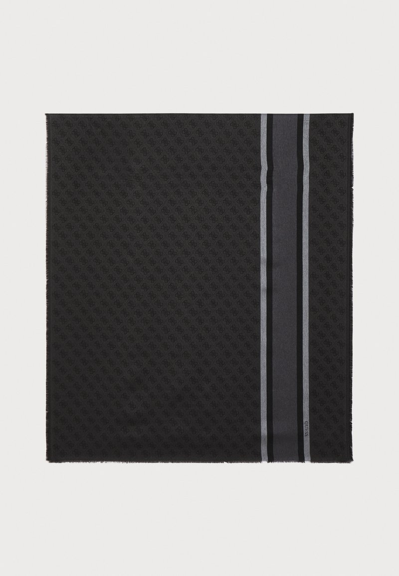Fular negru cu un model texturat, având o bandă solidă de gri închis și accente gri mai deschis pe o margine. Design moale, în formă dreptunghiulară.