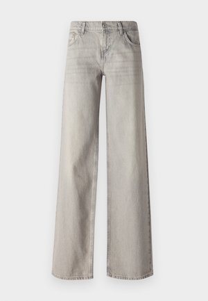 Lys grå vide bukser laget av denim, med fem-lommers design, front knappelukking og lett falmet tekstur.