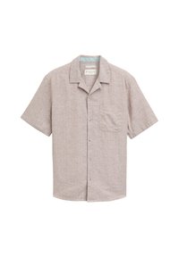 Kurzarm-Hemd mit Knöpfen aus leichtem pinkem Stoff mit feiner Textur, versehen mit einer Brusttasche und einem lässigen Kragen-Design.