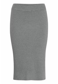 Gray ribbed pencil skirt featuring a fitted silhouette and elastic waistband, crafted from a soft knit material with a smooth texture.