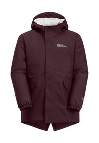 Parka impermeabile bordeaux con cappuccio foderato in pelliccia, polsini elasticizzati, tasche laterali e dettagli del logo. Presenta un orlo posteriore più lungo.