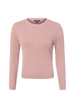 Pull rose en maille torsadée à manches longues avec encolure ronde, poignets et bas côtelés, présenté sur fond blanc.