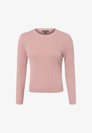 Pull rose en maille torsadée à manches longues avec encolure ronde, poignets et bas côtelés, présenté sur fond blanc.
