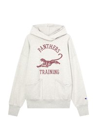 Felpa grigia chiara con tasca a marsupio, caratterizzata da una grafica in bordeaux di un pantera in salto e il testo "PANTHERS TRAINING", polsini a coste.
