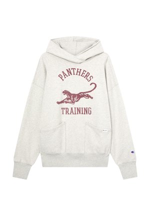Felpa grigia chiara con tasca a marsupio, caratterizzata da una grafica in bordeaux di un pantera in salto e il testo "PANTHERS TRAINING", polsini a coste.