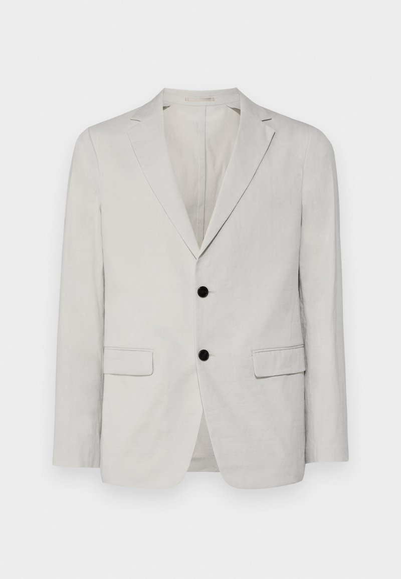 Blazer in lino grigio chiaro con design a un bottone, due tasche frontali e chiusure con bottoni neri. Tessuto liscio, rever a avvitatore.