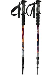 Bastoni da trekking con impugnature ergonomiche in gomma nera, cinturini regolabili neri e aste decorative colorate con motivi arancioni, blu e bianchi.