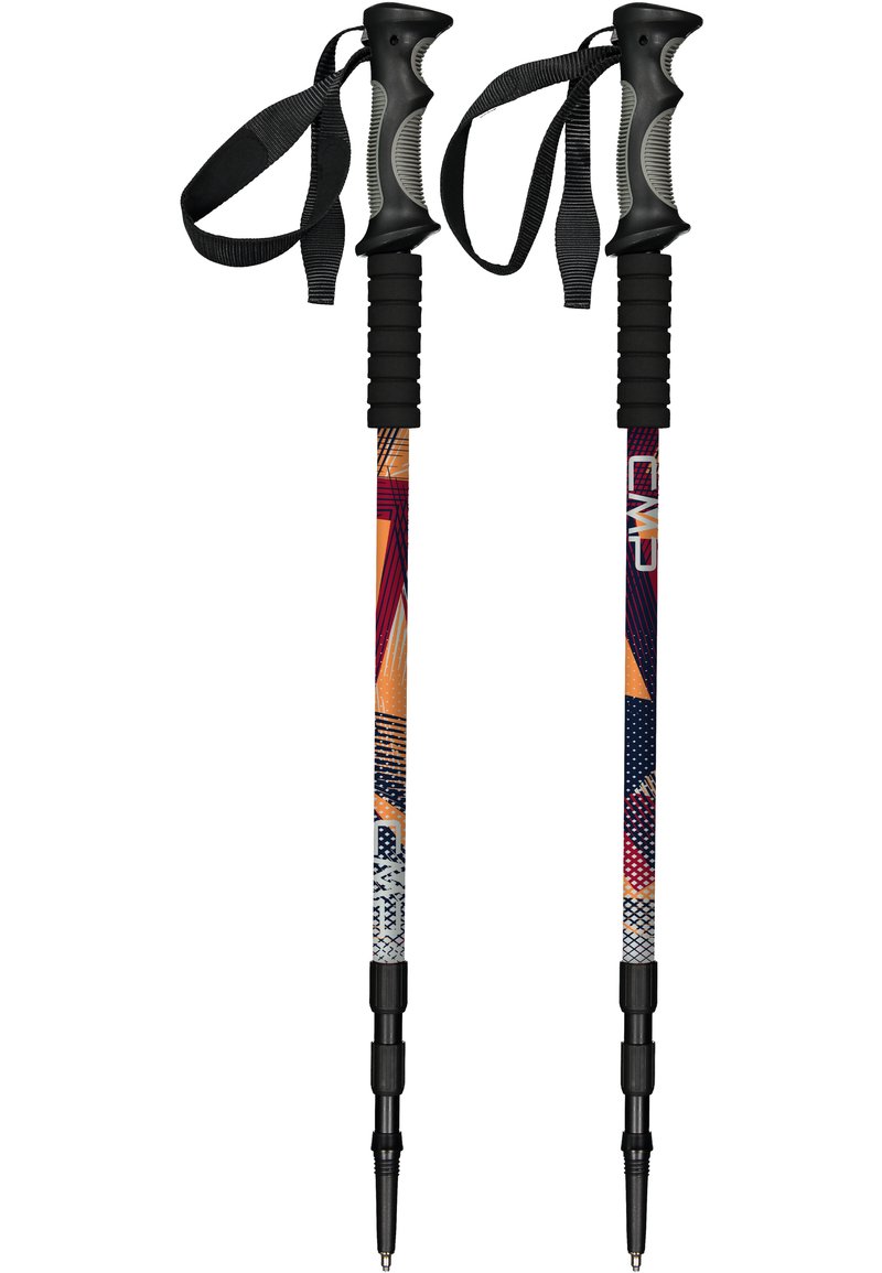 Bastoni da trekking con impugnature ergonomiche in gomma nera, cinturini regolabili neri e aste decorative colorate con motivi arancioni, blu e bianchi.