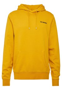 Sweat à capuche jaune avec poche avant et petit logo noir "HAN KJØBENHAVN" sur la poitrine gauche.