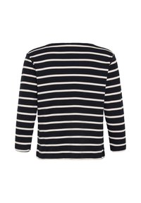 Chemise à manches longues rayée horizontalement noir et blanc, vue de dos avec un ourlet droit et de petites fentes latérales.