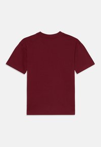 Plain short-sleeve burgundy t-shirt laid flat, showing the back side with a round neckline and simple stitching details.