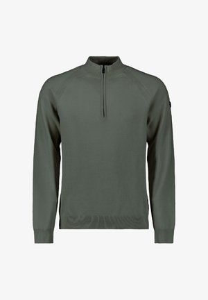 Olijfgroen pullover trui met een halflange rits bij de kraag. Heeft ribgebreide manchetten en onderkant, en raglanmouwen voor een comfortabele pasvorm.