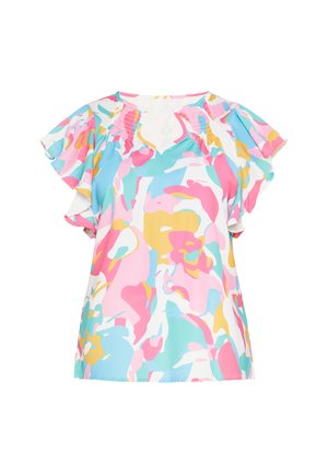 Damska bluzka z krótkim rękawem z falbankami, wielokolorowy różowy, niebieski, żółty i biały abstrakcyjny kwiatowy wzór oraz marszczony detal przy dekolcie.