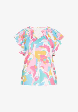 Női rövid ujjú blúz fodros ujjakkal, többszínű rózsaszín, kék, sárga és fehér absztrakt virágmintával és összegyűrt nyakkivágással.