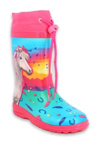 Kleurige rubberen regenlaars met een eenhoorn, bergen en een zonsondergang. Roze bovenkant met trekkoord, blauwe body en decoratieve patronen.