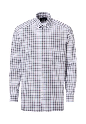 Biała koszula na długi rękaw na guziki w czerwono-granatową kratę z kieszenią na piersi.