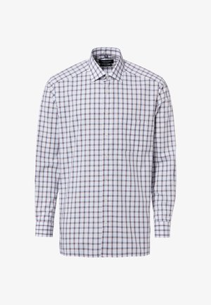Biała koszula na długi rękaw na guziki w czerwono-granatową kratę z kieszenią na piersi.