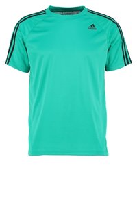 Turquoise athletic t-shirt made of moisture-wicking material. Features black three-stripe design along the shoulders, round neckline, and short sleeves.