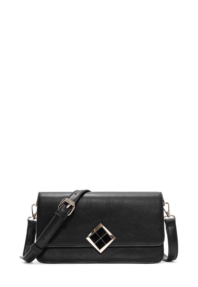 Zwarte leren schoudertas met een gladde textuur. Beschikt over een ruitvormige metalen accent en een verstelbare schouderband.