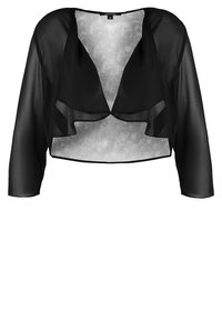 Czarna transparentna krótka kurtka z długimi rękawami, otwartym przodem i miękką, płynną fakturą. Brak wzorów lub akcentów.