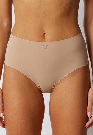 Béžové kalhotky s vysokým pasem vyrobené z hladké, jemné látky. Mají minimalistický design s malým, diskrétním logem na pasu.