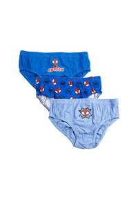 Tre paia di mutandine in cotone per bambini: il primo paio è blu uni con una grafica di "Spidey", il secondo ha un motivo a ragni, il terzo è azzurro chiaro con un logo.