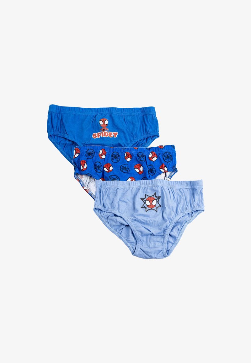 Tre paia di mutandine in cotone per bambini: il primo paio è blu uni con una grafica di "Spidey", il secondo ha un motivo a ragni, il terzo è azzurro chiaro con un logo.